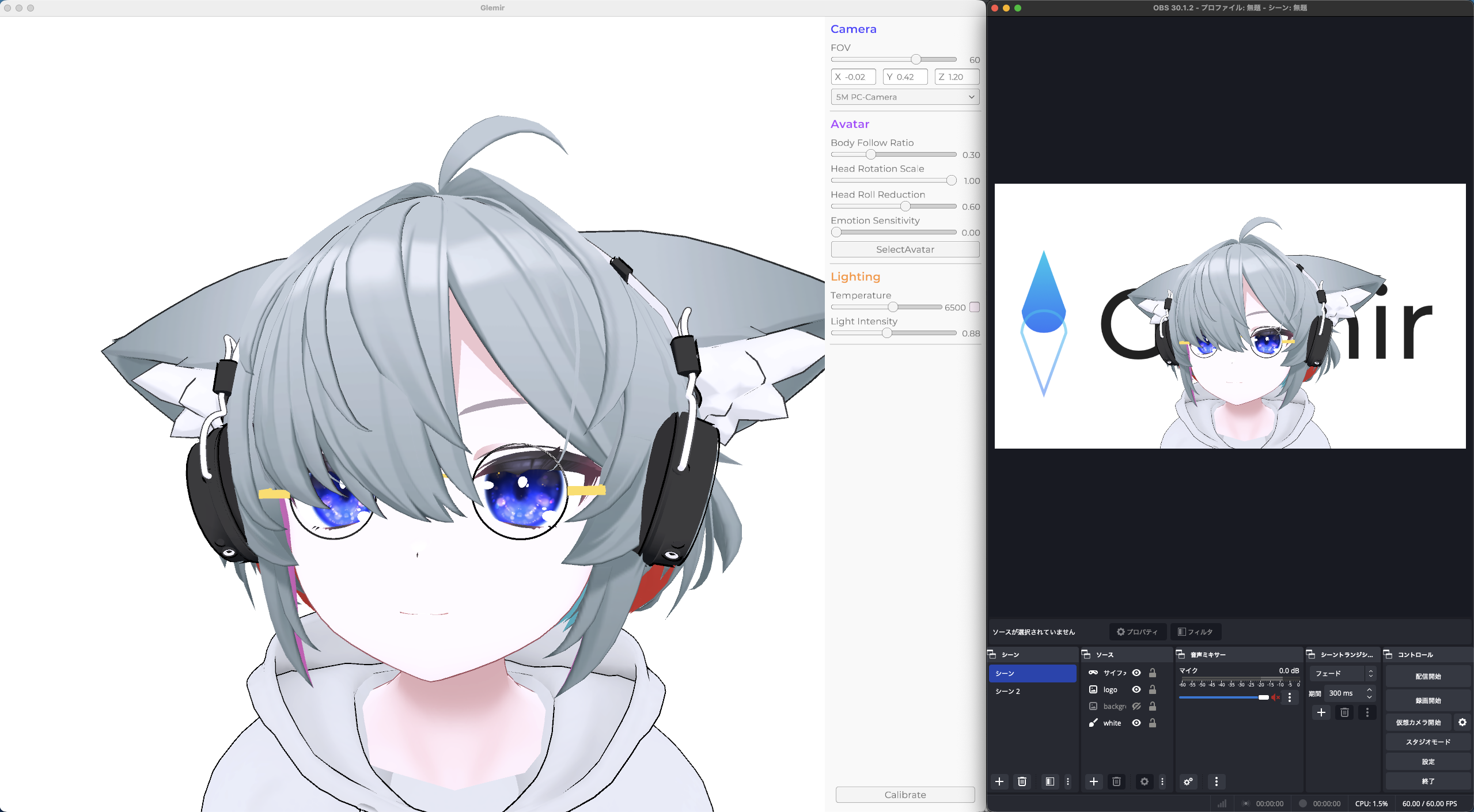 OBS Studio で Glemir の映像を取り込んだ状態